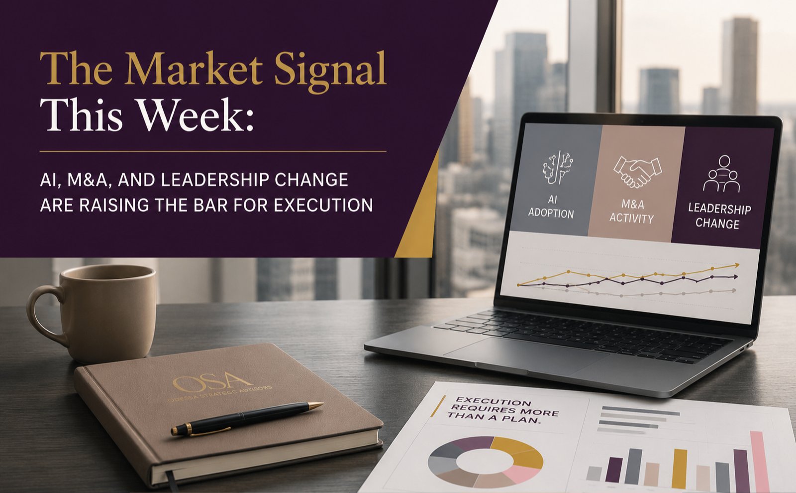 Laptop and desk scene with a graphic titled The Market Signal This Week: AI, M&A, and Leadership Change Are Raising the Bar for Execution